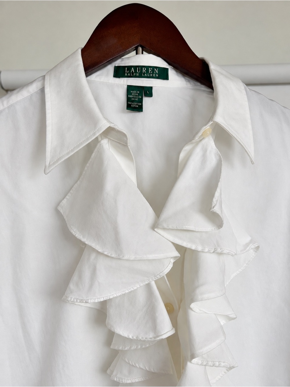 Lauren Ralph Lauren White Cotton Ruffle Shirt Jabot Blouse Shirt L Romantic Y2K - Picture 5 of 12